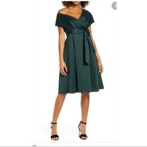 Chi Chi London Off-Shoulder Dark Green A-Line Dress with Waist Tie